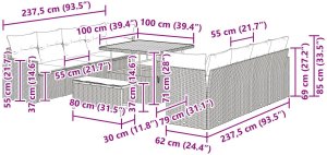 Zestaw sof ogrodowych vidaXL 11 elementów z poduszkami Beżowy Poli Rattan Akacja, Zestaw jadalny vidaXL 3 elementy z poduszkami Beżowy Poli Rattan Akacja 10