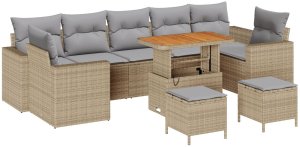 vidaXL Zestaw kanapowy ogrodowy 10 elementów z poduszkami w beżowym rattan i akacji, Zestaw do jadalni ogrodowej 3 elementy z poduszkami w beżowym rattan i akacji 2