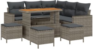 vidaXL 9-częściowy Zestaw Sofy Ogrodowej z Poduszkami Szary Polirattan Akacjowy, 4-częściowy Zestaw Jadalny Ogrodowy z Poduszkami Szary Polirattan Akacjowy 2