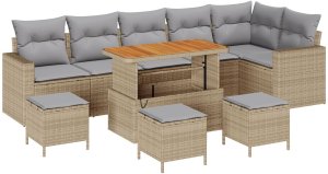 vidaXL Zestaw Sof Ogrodowych 10-częściowy z Poduszkami Beżowy Poli Rattan Akacja, Zestaw Jadalny Ogrodowy 4-częściowy z Poduszkami Beżowy Poli Rattan Akacja 2