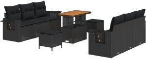 vidaXL 9-częściowy zestaw sof ogrodowych z poduszkami czarny polirattan akacja, 3-częściowy zestaw obiadowy z poduszkami czarny polirattan akacja 2
