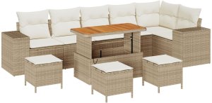 vidaXL 9-członowy Zestaw Sofy Ogrodowej z Poduszkami z Beżowego Polirattanu Acacia, 3-członowy Zestaw Jadalny do Ogrodu z Poduszkami z Beżowego Polirattanu Acacia 2