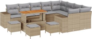 Zestaw 13 Elementów Sofy Ogrodowej z Poduszkami Beżowy Polirattan Akacja, Zestaw 4 Elementów Stołu Jadalnego Ogrodowego z Poduszkami Beżowy Polirattan Akacja 2