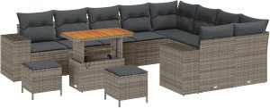 vidaXL Zestaw 12-elementowy sofa ogrodowa z poduszkami szary polirattan akacja, Zestaw 3-elementowy stół jadalny ogrodowy z poduszkami szary polirattan akacja 2