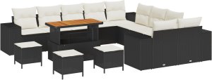 vidaXL Zestaw sof ogrodowych 14-częściowy z poduszkami Czarny Polirattan Akacja, Zestaw do jadalni 4-częściowy z poduszkami Czarny Polirattan Akacja 2