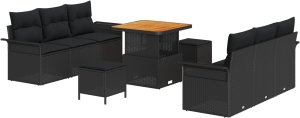 vidaXL 9-elementowy zestaw sof ogrodowych z poduszkami w czarnym polirattanie z akacją, Dwuosobowa sofa ogrodowa z poduszkami w czarnym polirattanie, 3-elementowy zestaw jadalni ogrodowej z poduszkami w czarnym polirattanie z akacją 2