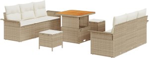9-częściowy zestaw sof ogrodowych vidaXL z poduszkami Beżowy Rattan Akacja, 2-osobowa sofa ogrodowa vidaXL z poduszkami Beżowy Rattan, 3-częściowy zestaw do jadalni ogrodowej vidaXL z poduszkami Beżowy Rattan Akacja 2