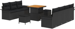 vidaXL Zestaw 10-częściowy sofy ogrodowej z poduszkami Czarny Polirattan Akacja, Dwuosobowa sofa ogrodowa z poduszkami Czarny Polirattan, Zestaw do jadalni ogrodowej 3-częściowy z poduszkami Czarny Polirattan Akacja 2