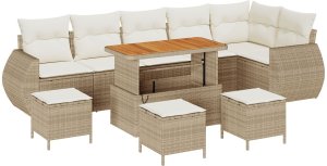 Zestaw Sofowy do Ogrodu vidaXL 10 Części z Poduszkami Beżowy Polirattan Akacja, Zestaw do Jadalni na Zewnątrz vidaXL 4 Części z Poduszkami Beżowy Polirattan Akacja 2