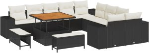Zestaw sof ogrodowych vidaXL 13-elementowy z poduszkami czarny polirattan akacja, Zestaw jadalniany 3-elementowy vidaXL z poduszkami czarny polirattan akacja 2