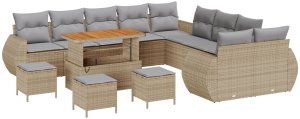 vidaXL 13-częściowy zestaw sofy ogrodowej z poduszkami beżowy poli rattan akacja, 3-częściowy zestaw jadalny ogrodowy z poduszkami beżowy poli rattan akacja 2