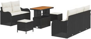 vidaXL Zestaw sofy ogrodowej 8-częściowy z poduszkami Czarny Polirattan Akacja, Sofa ogrodowa 2-osobowa z poduszkami Czarny Polirattan, Zestaw obiadowy w ogrodzie 3-częściowy z poduszkami Czarny Polirattan Akacja 2