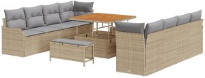 vidaXL 11-częściowy zestaw sofy ogrodowej z poduszkami, beżowy polirattan akacja, 2-osobowa sofa ogrodowa z poduszkami, beżowy polirattan, 3-częściowy zestaw jadalny do ogrodu z poduszkami, beżowy polirattan akacja 2