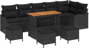 vidaXL 10-częściowy zestaw sofy ogrodowej z poduszkami czarny poli rattan akacja, 2-osobowa sofa ogrodowa z poduszkami czarny poli rattan, 4-częściowy zestaw obiadowy ogrodowy z poduszkami czarny poli rattan akacja 2