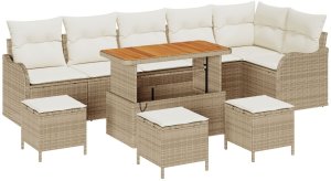 vidaXL 9-częściowy zestaw kanap ogrodowych z poduszkami beżowy polirattan akacja, vidaXL 2-osobowa kanapa ogrodowa z poduszkami beżowy polirattan, vidaXL 3-częściowy zestaw obiadowy ogrodowy z poduszkami beżowy polirattan akacja 2