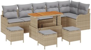 vidaXL 10-częściowy Zestaw Sof Ogrodowych z Poduszkami Beżowy Poli Rattan Akacja, 2-osobowa Sofa Ogrodowa z Poduszkami Beżowy Poli Rattan, 4-częściowy Zestaw Jadalniany z Poduszkami Beżowy Poli Rattan Akacja 2