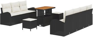 vidaXL 10-częściowy zestaw sofy ogrodowej z poduszkami czarny polirattan akacja, 2-osobowa sofa ogrodowa z poduszkami czarny polirattan, 3-elementowy zestaw jadalniany ogrodowy z poduszkami czarny polirattan akacja 2