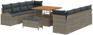 vidaXL 11-elementowy Zestaw Sof Ogrodowych z Poduszkami Szary Polirattan Akacja, 2-osobowa Sofa Ogrodowa z Poduszkami Szary Polirattan, 3-elementowy Zestaw Jadalny do Ogrodu z Poduszkami Szary Polirattan Akacja 2