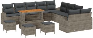 vidaXL 13-częściowy zestaw sof ogrodowych z poduszkami szary rattan akacjowy, 2-osobowa sofa ogrodowa z poduszkami szara rattan, 3-częściowy zestaw obiadowy z poduszkami szary rattan akacjowy 2