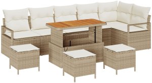 vidaXL 9-częściowy zestaw sofy ogrodowej z poduszkami Beżowy Polirattan Akacja, 2-osobowa sofa ogrodowa z poduszkami Beżowy Polirattan, 3-częściowy zestaw do jadalni ogrodowej z poduszkami Beżowy Polirattan Akacja 2