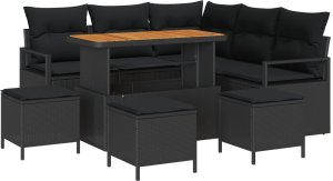 vidaXL 9-częściowy zestaw sof ogrodowych z poduszkami czarny polirattan akacja, Sofa 2-osobowa z poduszkami czarny polirattan, 4-częściowy zestaw obiadowy ogrodowy z poduszkami czarny polirattan akacja 2