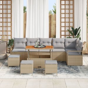 vidaXL 9-częściowy zestaw sofy ogrodowej z poduszkami beżowy polirattan akacja, 2-osobowa sofa ogrodowa z poduszkami beżowy polirattan, 3-częściowy zestaw do jadalni ogrodowej z poduszkami beżowy polirattan akacja 3