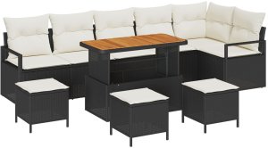 vidaXL 10-częściowy zestaw sofy ogrodowej z poduszkami czarnym polirattanem akacji, 2-osobowa sofa ogrodowa z poduszkami czarnym polirattanem, 4-częściowy zestaw do jadalni ogrodowej z poduszkami czarnym polirattanem akacji 2