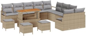 vidaXL 13-elementowy zestaw sofy ogrodowej z poduszkami beżowy polirattan akacja, 2-osobowa sofa ogrodowa z poduszkami beżowy polirattan, 3-elementowy zestaw jadalny z poduszkami beżowy polirattan akacja 2