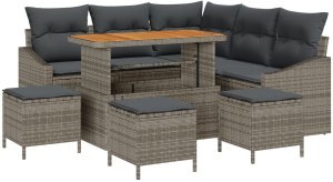 vidaXL 8-częściowy zestaw sofy ogrodowej z szarymi poduszkami, 2-osobowa sofa ogrodowa z szarymi poduszkami, 3-częściowy zestaw do jadalni ogrodowej z szarymi poduszkami 2