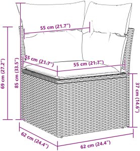 vidaXL 9-częściowy zestaw sofy ogrodowej z poduszkami, szary, polirattan, akacja, 2-osobowa sofa ogrodowa z poduszkami szary, polirattan, 4-częściowy zestaw do jadalni ogrodowej z poduszkami, szary, polirattan, akacja 10