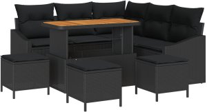 Zestaw sof ogrodowych vidaXL 8-częściowy z poduszkami Czarny Rattan PE Akacja, Sofa ogrodowa vidaXL 2-osobowa z poduszkami Czarny Rattan PE, Zestaw do jadalni na świeżym powietrzu vidaXL 3-częściowy z poduszkami Czarny Rattan PE Akacja 2