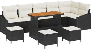 vidaXL 10-elementowy zestaw sof ogrodowych z poduszkami czarny polirattan akacjowy, 2-osobowa sofa ogrodowa z poduszkami czarny polirattan, 4-elementowy zestaw do jadalni ogrodowej z poduszkami czarny polirattan akacjowy 2