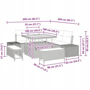 vidaXL 8-częściowy zestaw sofowy do ogrodu z poduszkami Beżowy Polirattan Akacja, 2-osobowa sofa ogrodowa z poduszkami Beżowy Polirattan, 3-częściowy zestaw jadalny do ogrodu z poduszkami Beżowy Polirattan Akacja 9