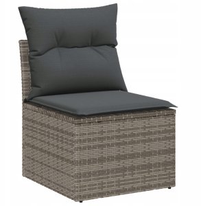 8-elementowy zestaw sof ogrodowych z poduszkami Szary Poli Rattan Akacja, 2-osobowa sofa ogrodowa z poduszkami Szary Poli Rattan, 3-elementowy zestaw jadalniany ogrodowy z poduszkami Szary Poli Rattan Akacja 4