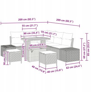 8-elementowy zestaw sof ogrodowych z poduszkami Szary Poli Rattan Akacja, 2-osobowa sofa ogrodowa z poduszkami Szary Poli Rattan, 3-elementowy zestaw jadalniany ogrodowy z poduszkami Szary Poli Rattan Akacja 9
