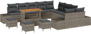 vidaXL Zestaw 14-elementowy sof ogrodowych z poduszkami Szary Polirattan Akacja, Sofa ogrodowa dla 2 osób z poduszkami Szary Polirattan, Zestaw 4-elementowy do jadalni ogrodowej z poduszkami Szary Polirattan Akacja 2
