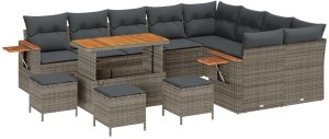 Zestaw Sofowy vidaXL 13-elementowy z Poduszkami Szary Polirattan, Zestaw Jadalny vidaXL 4-elementowy z Poduszkami Szary Polirattan 2