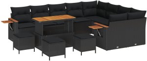 Zestaw sof vidaXL 12-częściowy z poduszkami czarny polirattan akacja, Zestaw mebli ogrodowych vidaXL 3-częściowy z poduszkami czarny polirattan akacja 2