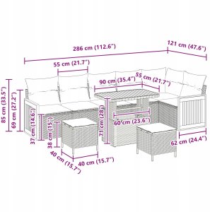 9-elementowy zestaw kanap ogrodowych z poduszkami szary polirattan akacja, 2-osobowa kanapa ogrodowa z poduszkami szary polirattan, Zestaw obiadów ogrodowych 3-elementowy z poduszkami szary polirattan akacja 5