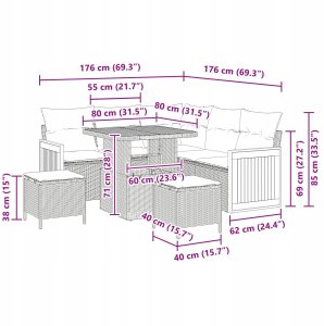 Zestaw 8 elementów sof ogrodowych z poduszkami Beżowy Poli Rattan Akacja, Sofa ogrodowa 2-osobowa z poduszkami Beżowy Poli Rattan, Zestaw jadalny ogrodowy 3-elementowy z poduszkami Beżowy Poli Rattan Akacja 6