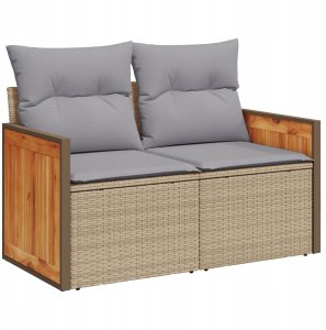 Zestaw 9 częściowych sof ogrodowych z poduszkami Beżowy Technorattan Akacja, 2-osobowa sofa ogrodowa z poduszkami Beżowy Technorattan, 4-częściowy zestaw do jedzenia w ogrodzie z poduszkami Beżowy Technorattan Akacja 4