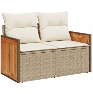 9-częściowy zestaw sof ogrodowych vidaXL z poduszkami beżowy polirattan akacja, 2-osobowa sofa ogrodowa vidaXL z poduszkami beżowy polirattan, 3-częściowy zestaw ogrodowy do jedzenia z poduszkami beżowy polirattan akacja 4