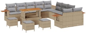 14-częściowy zestaw sof ogrodowych vidaXL z poduszkami Beżowy Polirattan Akacja, 4-częściowy zestaw jadalniany vidaXL z poduszkami Beżowy Polirattan Akacja 2