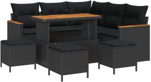 vidaXL 9-częściowy zestaw sof ogrodowych z poduszkami Czarny Polirattan Akacja, vidaXL 4-częściowy zestaw jadalny do ogrodu z poduszkami Czarny Polirattan Akacja 2