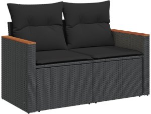 vidaXL 9-częściowy zestaw sof ogrodowych z poduszkami Czarny Polirattan Akacja, vidaXL 4-częściowy zestaw jadalny do ogrodu z poduszkami Czarny Polirattan Akacja 6