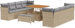 vidaXL 11-częściowy zestaw sof z poduszkami Beżowy Polirattan Akacja, 3-częściowy zestaw jadalniany z poduszkami Beżowy Polirattan Akacja 2
