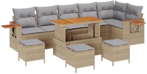 9-częściowy Zestaw Sofy Ogrodowej z Poduszkami Beżowy Polirattan Akacja, 3-częściowy Zestaw Jadalny do Ogrodu z Poduszkami Beżowy Polirattan Akacja 2