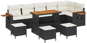 9-częściowy Zestaw Sofy Ogrodowej z Poduszkami Czarny Polirattan Akacja, 3-częściowy Zestaw Jadalny Ogrodowy z Poduszkami Czarny Polirattan Akacja 2