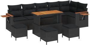 Zestaw 9 Częściowych Sof Ogrodowych z Poduszkami Czarny Polirattan Akacja, Zestaw 3 Częściowy Stołu Ogrodowego z Poduszkami Czarny Polirattan Akacja 2