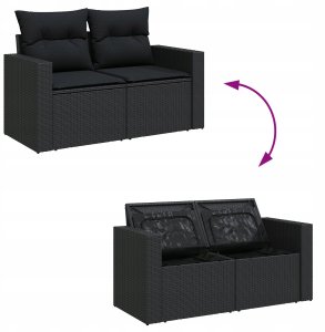 9-częściowy zestaw sof ogrodowych z poduszkami czarny polirattan akacja, 3-częściowy zestaw jadalny z poduszkami czarny polirattan akacja 8